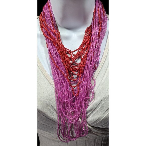 Pink And Red Multilayer Glass Beaded Statement Necklace - Picture 2 of 6